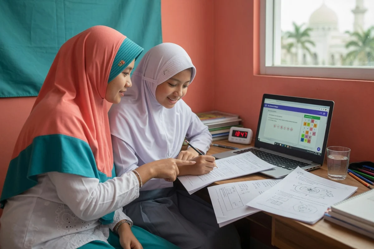 Tutor membimbing siswa lulusan SMP berlatih soal CBT Tes Potensi Belajar dan akademik untuk persiapan ujian SNPDB MAN Insan Cendekia di Exademy