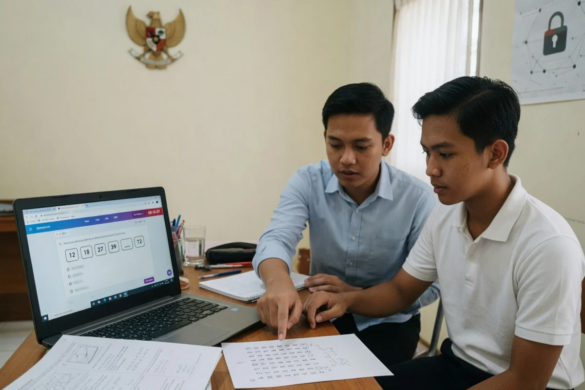 Foto bimbingan persiapan ujian STIN dan Poltek SSN di Exademy: tutor mendampingi satu calon taruna lulusan SMA berlatih soal SKD CAT (TWK TIU TKP) dan tes kompetensi bidang matematika untuk sekolah kedinasan intelijen BIN dan siber sandi negara BSSN.