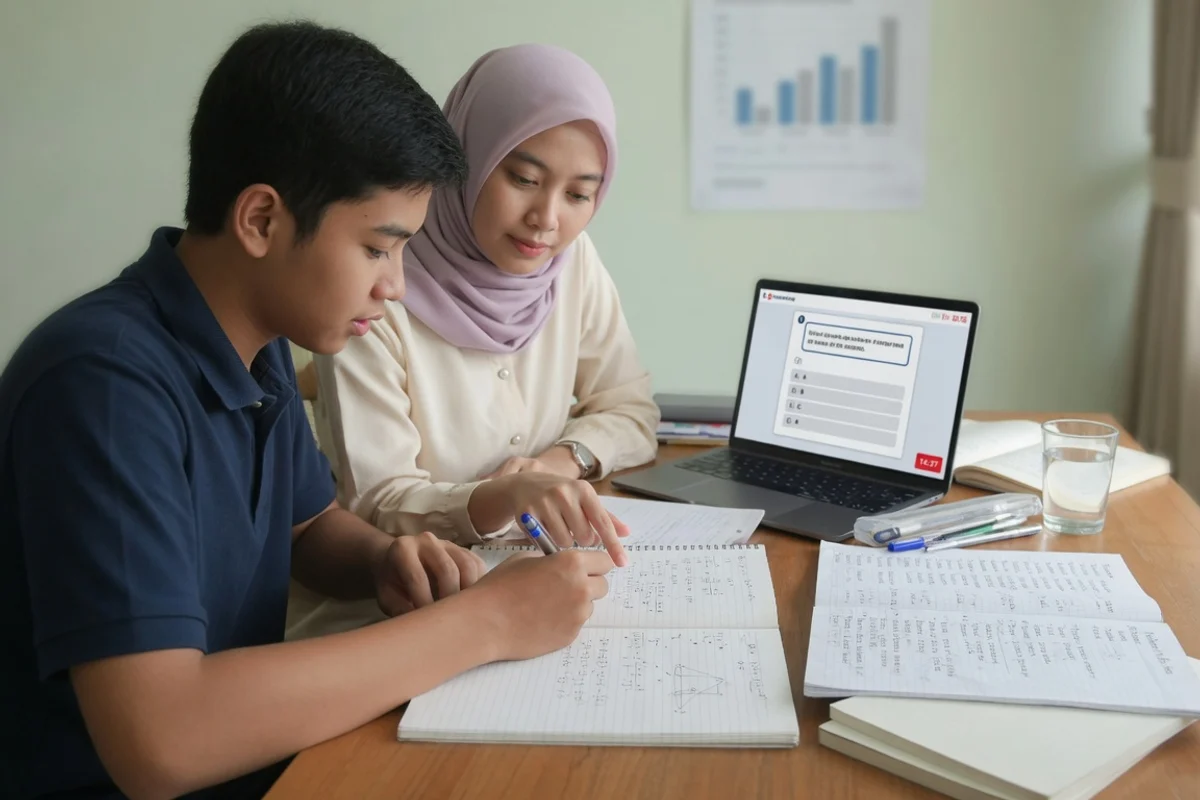 Tutor membimbing satu pelajar lulusan SMA mengerjakan soal matematika lanjutan dan latihan SKD CAT untuk persiapan ujian masuk STIS Politeknik Statistika di Exademy