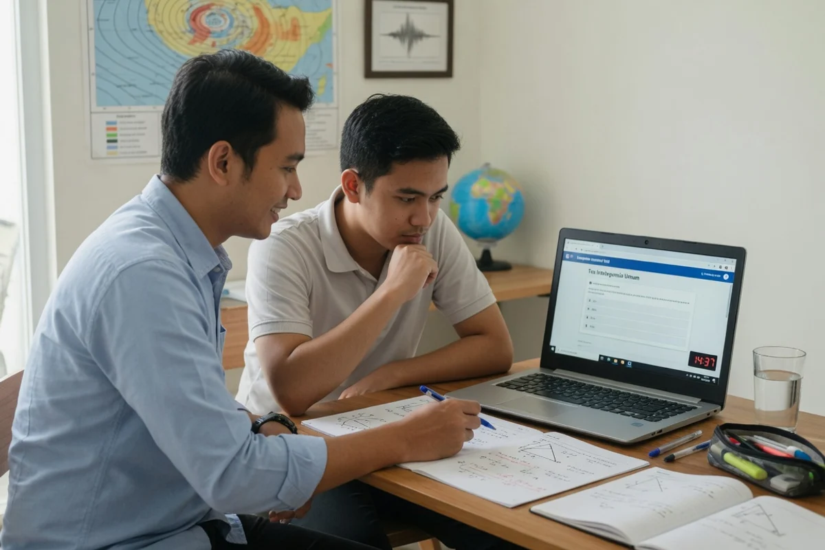 Bimbingan persiapan ujian masuk STMKG kedinasan BMKG bersama Exademy: satu tutor mendampingi satu lulusan SMA berlatih soal SKD CAT (TWK TIU TKP) dan SKB matematika fisika di laptop dengan lembar latihan.