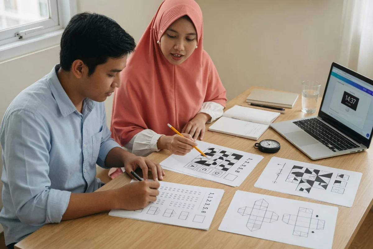 Tutor Exademy membimbing satu peserta dewasa berlatih soal Tes IQ dan Psikometri, deret angka, matriks penalaran abstrak, dan soal spasial dengan lembar jawaban dan stopwatch