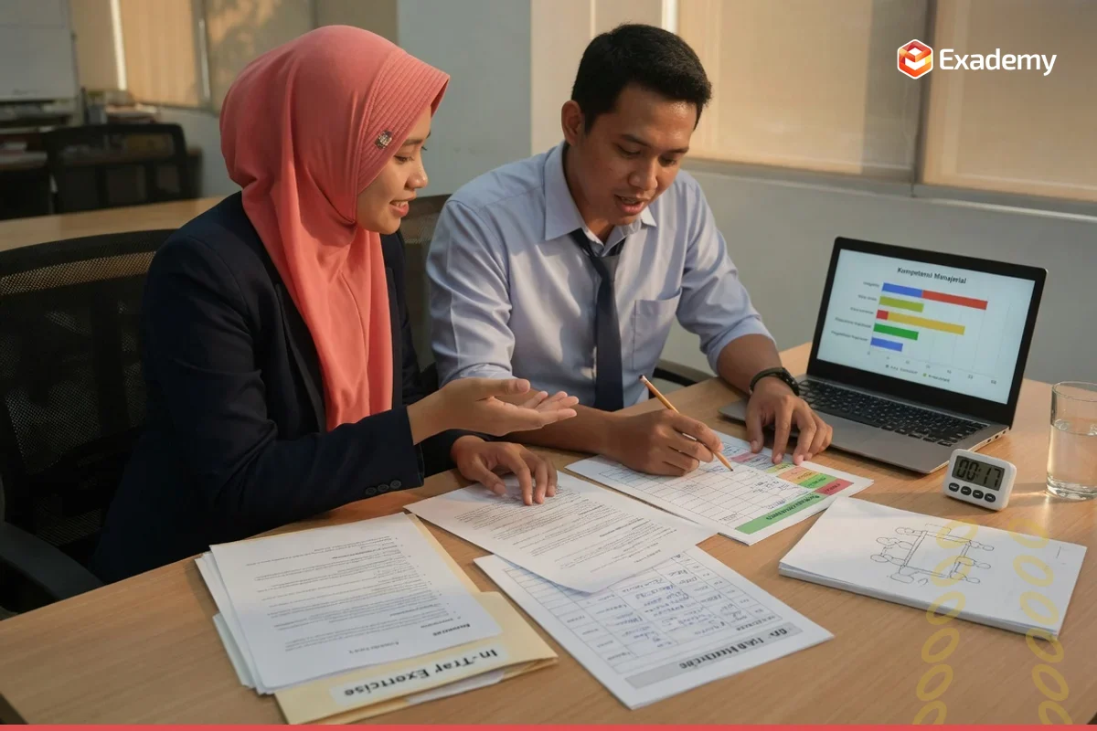 Tutor membimbing seorang ASN profesional berlatih in-tray exercise dan wawancara kompetensi metode STAR untuk Tes Kenaikan Jabatan di Exademy.