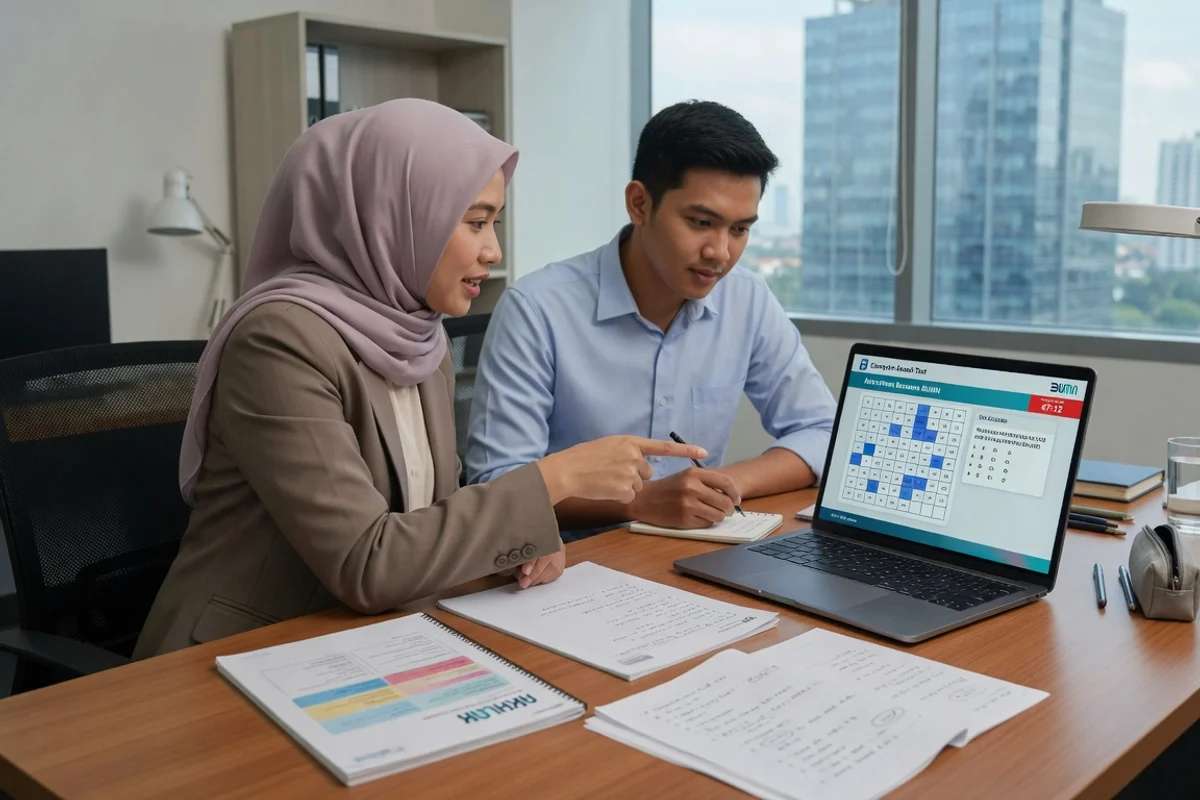 Tutor Exademy membimbing seorang fresh graduate persiapan tes Rekrutmen Bersama BUMN (RBB) dengan simulasi CAT TKD, AKHLAK, dan Tes Wawasan Kebangsaan di layar laptop