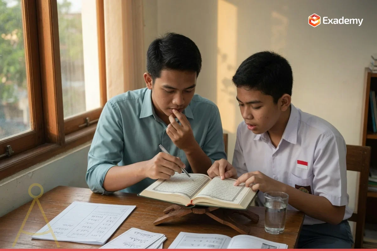 Foto tutor membimbing seorang remaja membaca Al-Quran dengan tajwid dan mengerjakan latihan imla bahasa Arab untuk persiapan Tes Masuk Boarding dan Pesantren di Exademy.