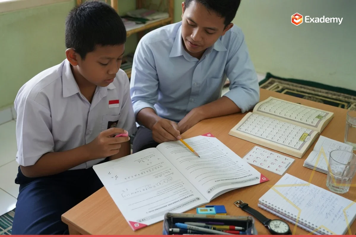 Tutor mendampingi satu siswa SMP mengerjakan latihan soal Tes Masuk MTsN dan MAN di Exademy