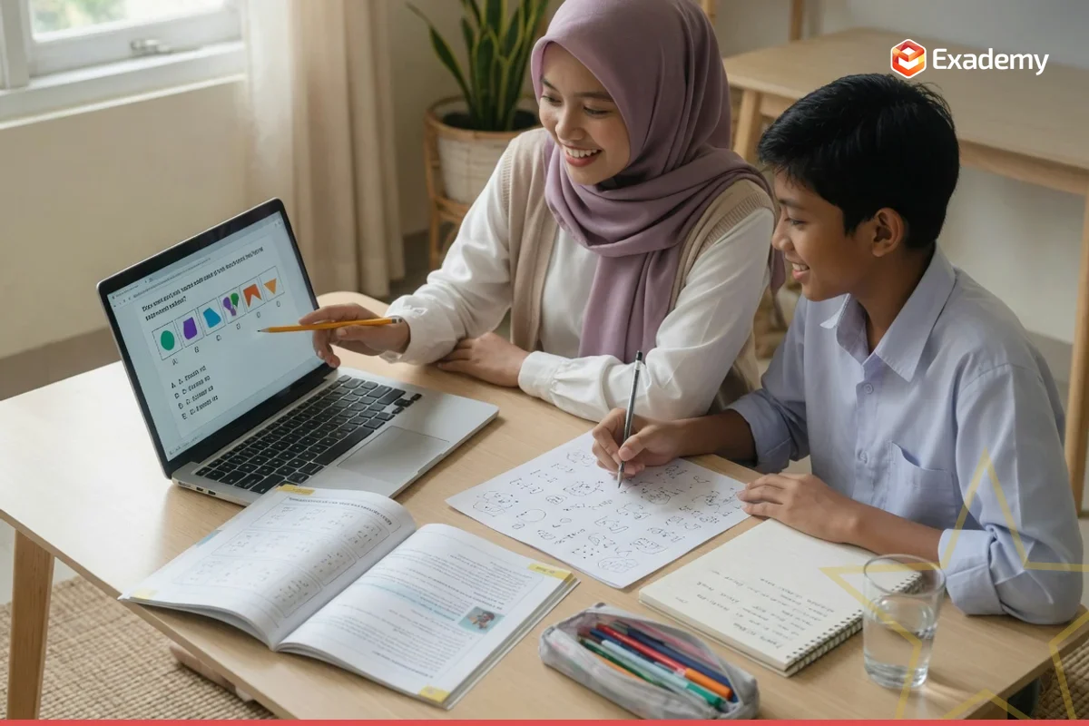 Tutor mendampingi remaja SMP mengerjakan soal penalaran CAT4 dan latihan bahasa Inggris untuk persiapan Tes Masuk Sekolah Internasional di Exademy.