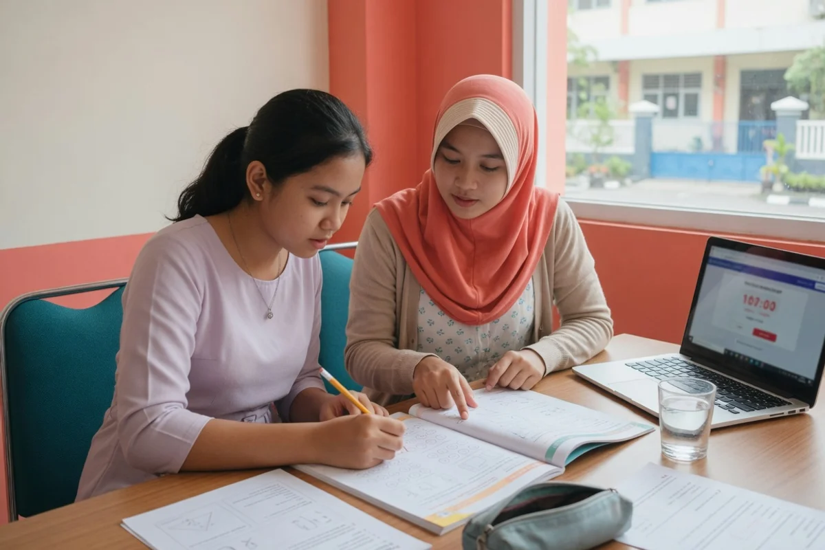 Tutor Exademy mendampingi satu siswa lulusan SMP usia 15 tahun belajar persiapan Tes Masuk SMA favorit, mengerjakan soal numerasi, literasi, dan matematika SMP untuk seleksi SPMB jalur prestasi.