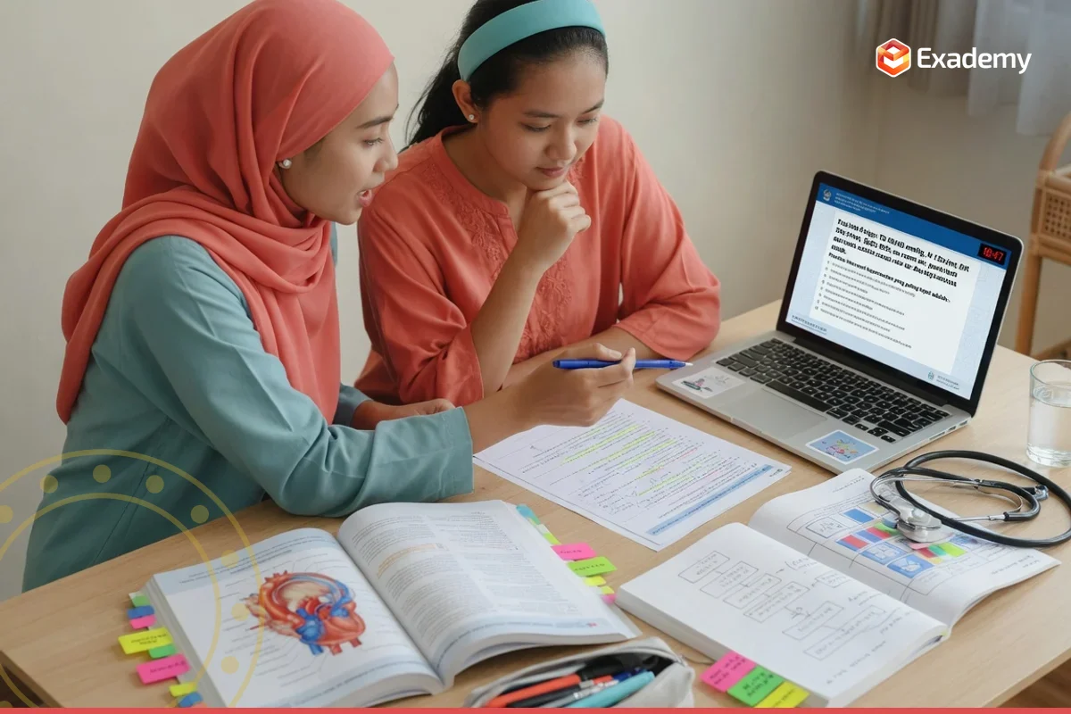 Tutor membimbing satu peserta fresh graduate latihan soal vignette CBT persiapan Uji Kompetensi Nakes perawat dan bidan di Exademy