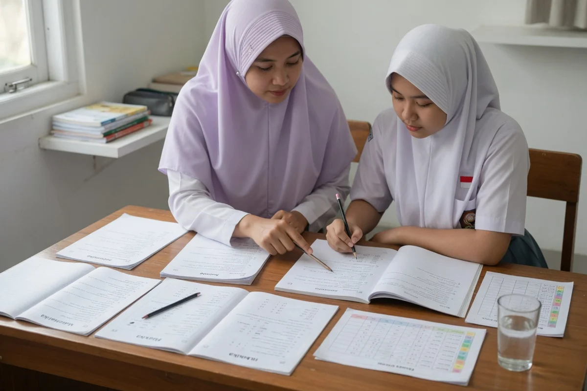 Tutor Exademy mendampingi satu siswa SMA mengerjakan latihan soal semua mata pelajaran untuk persiapan ujian sekolah PAS dan ASAJ (Asesmen Sumatif Akhir Jenjang) dengan kisi-kisi dan lembar jawaban.