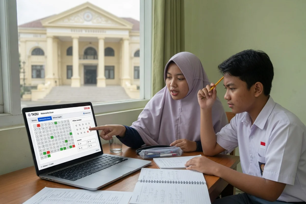Tutor mendampingi siswa SMA berlatih simulasi CBT UTUL UGM dengan soal TKDU dan TPA, latar pilar Balairung UGM Bulaksumur, bimbel persiapan ujian mandiri Exademy